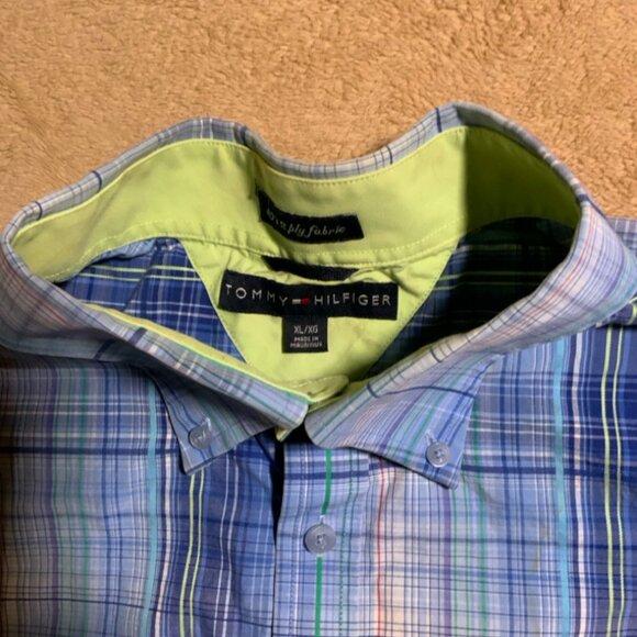 Tommy Hilfiger Mens Sz XL Button Up Blue 80s 2 Ply Fabric Plaid Short Sleeve (G) - Picture 5 of 7